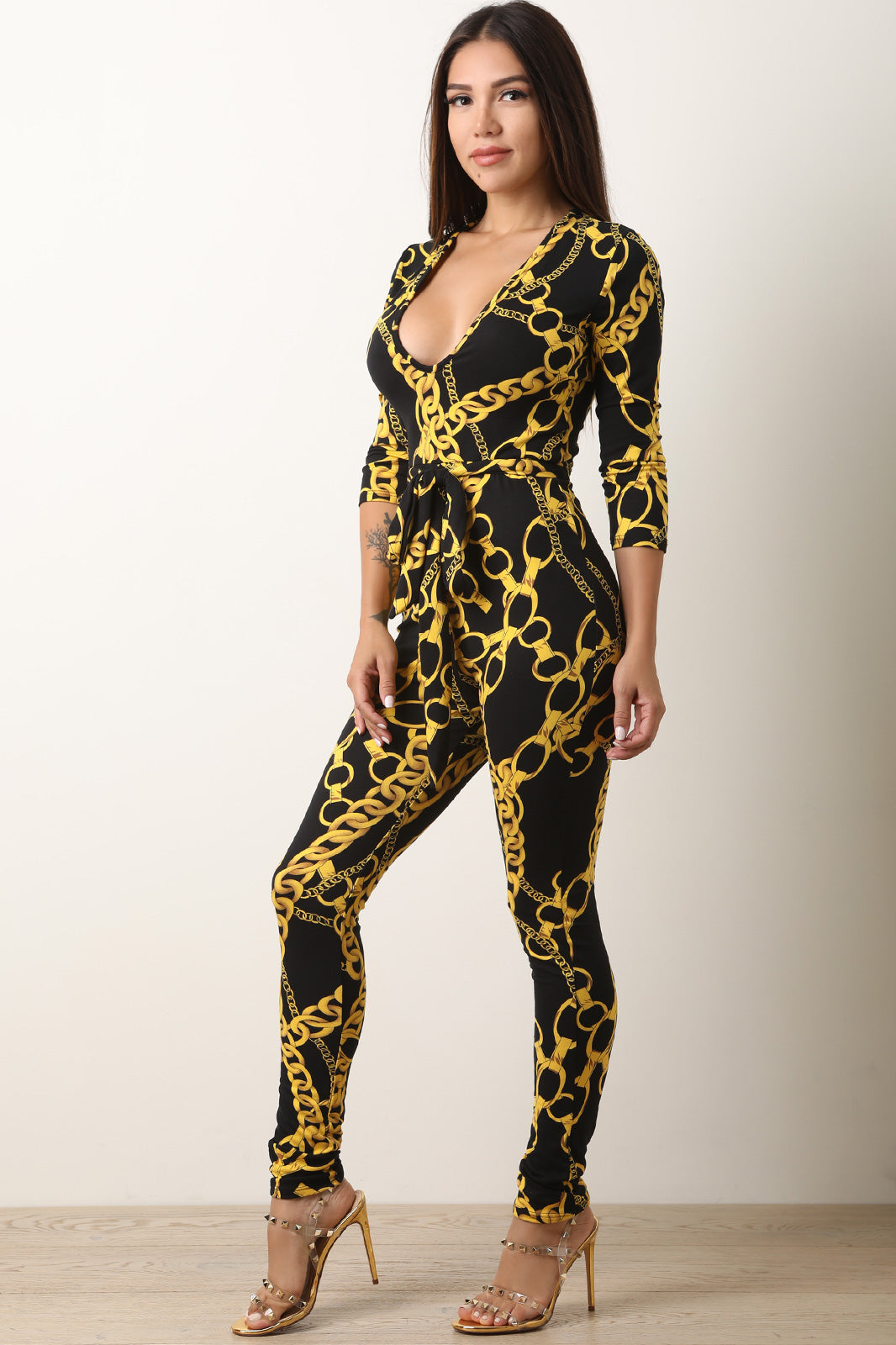 Soft Knit Chain-Link Print Waist Sash Jumpsuit - YuppyCollections