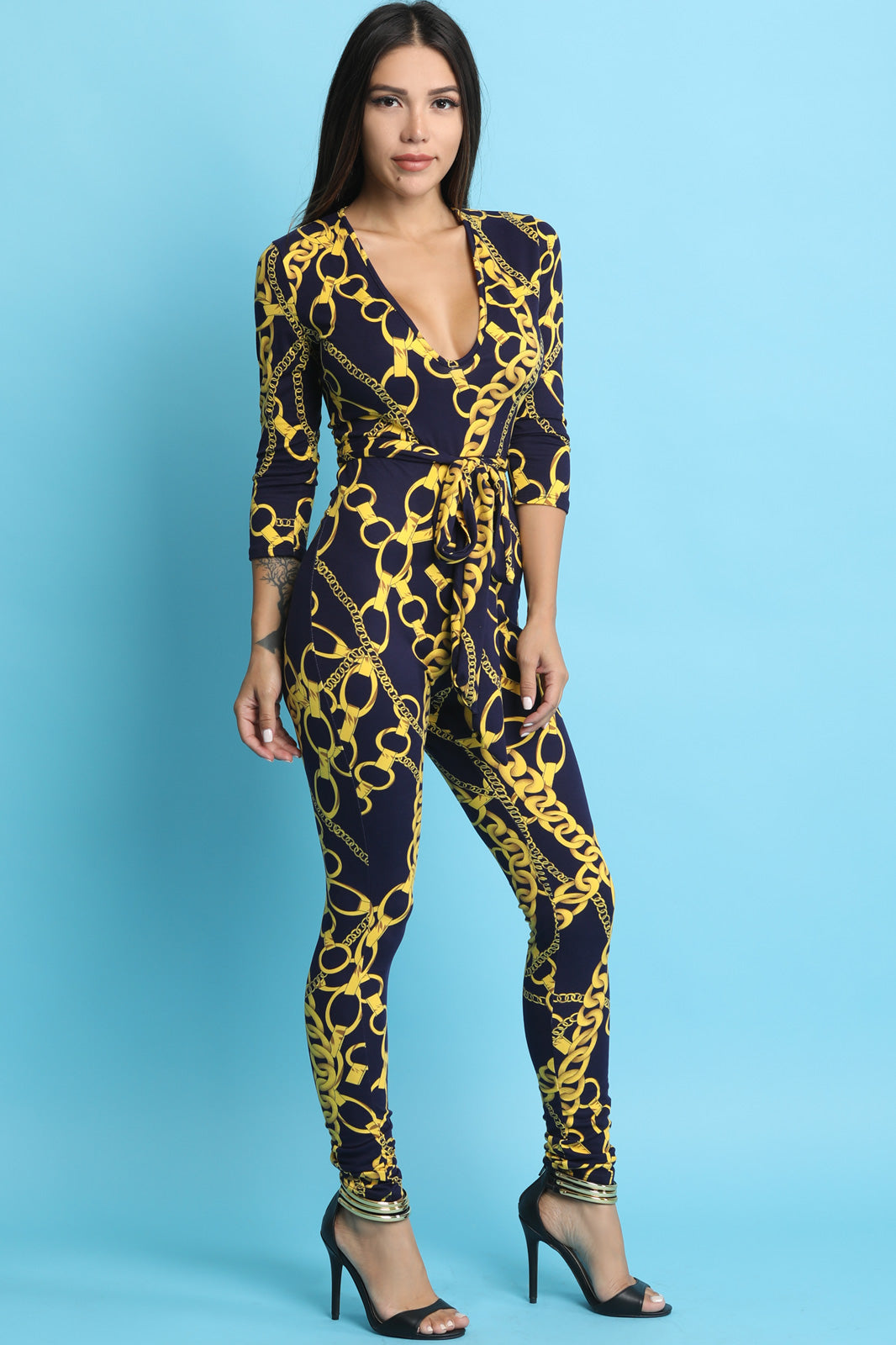 Soft Knit Chain-Link Print Waist Sash Jumpsuit - YuppyCollections