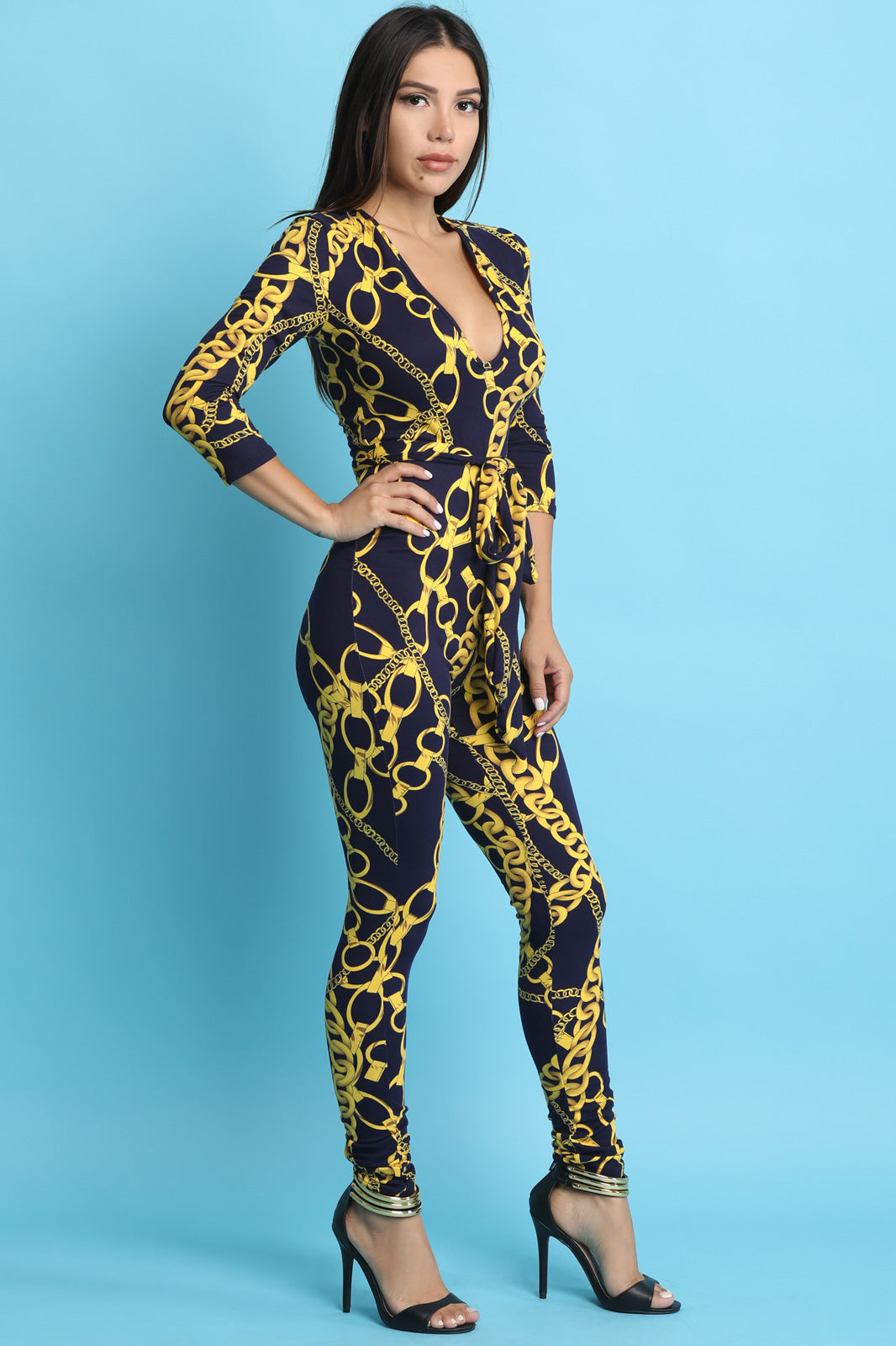 Soft Knit Chain-Link Print Waist Sash Jumpsuit - YuppyCollections