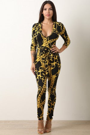 Soft Knit Chain-Link Print Waist Sash Jumpsuit - YuppyCollections