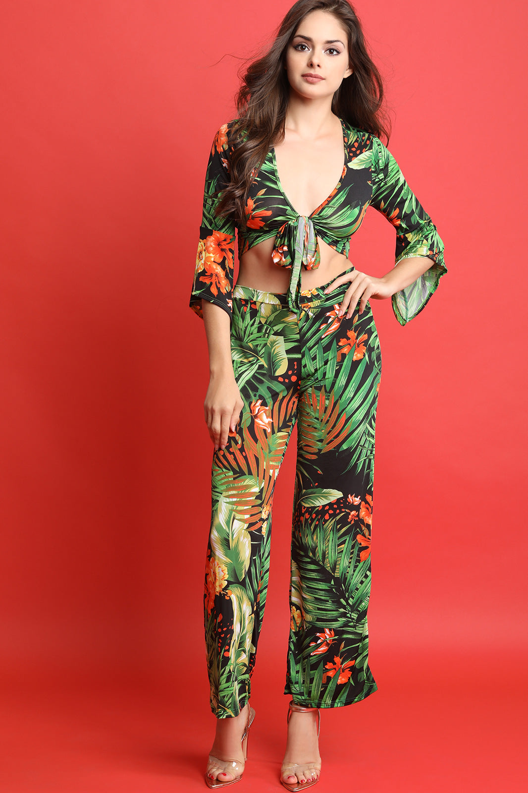 Tropical Print Front Tie Top With Wide Leg Pants Set - YuppyCollections