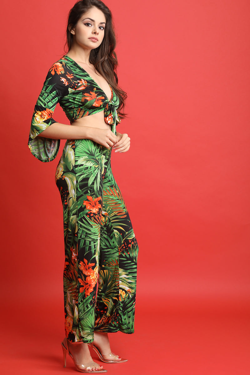 Tropical Print Front Tie Top With Wide Leg Pants Set - YuppyCollections