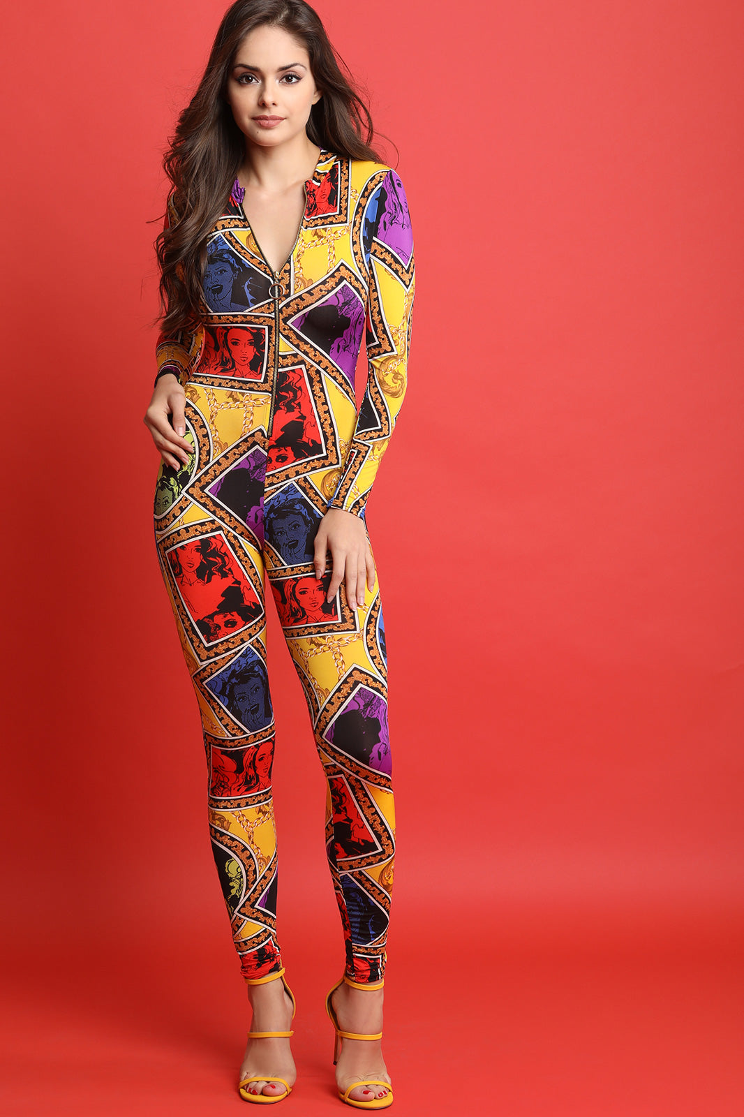 Mixed Graphic Print Long Sleeves Jumpsuit - YuppyCollections