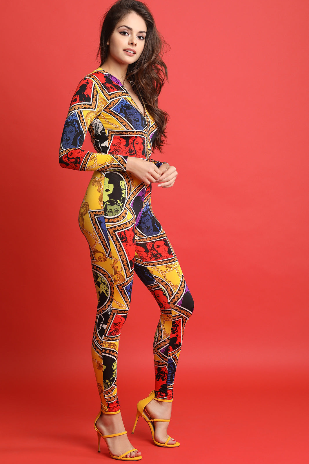 Mixed Graphic Print Long Sleeves Jumpsuit - YuppyCollections