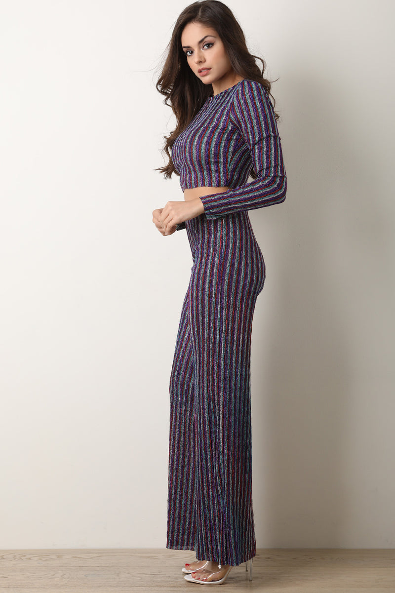 Shimmery Striped Crop Top with Palazzo Pants Set - YuppyCollections