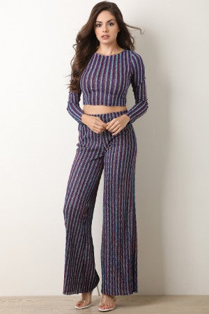 Shimmery Striped Crop Top with Palazzo Pants Set - YuppyCollections