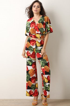 Fruit Print Surplice Crop Top With Palazzo Pants Set - YuppyCollections