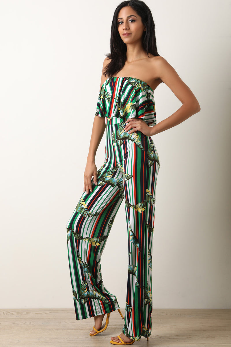 Stripes With Leaf Printed Tier Tube Jumpsuit - YuppyCollections