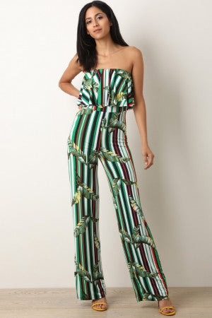 Stripes With Leaf Printed Tier Tube Jumpsuit - YuppyCollections