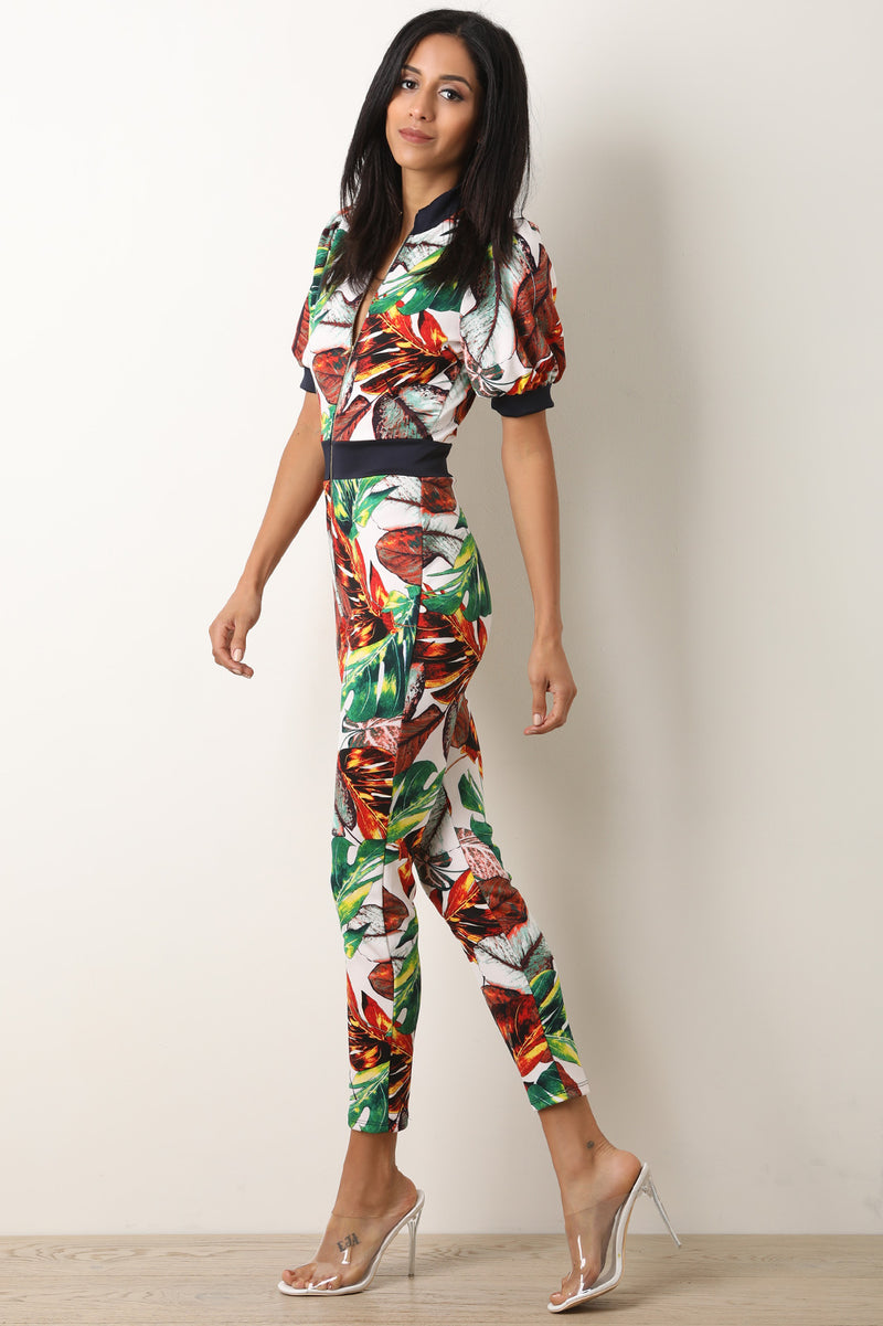 Tropical Leaf Print Zip-Up Jumpsuit - YuppyCollections