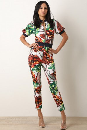 Tropical Leaf Print Zip-Up Jumpsuit - YuppyCollections