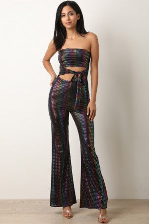 Metallic Rainbow Cutout Self-Tie Tube Jumpsuit - YuppyCollections