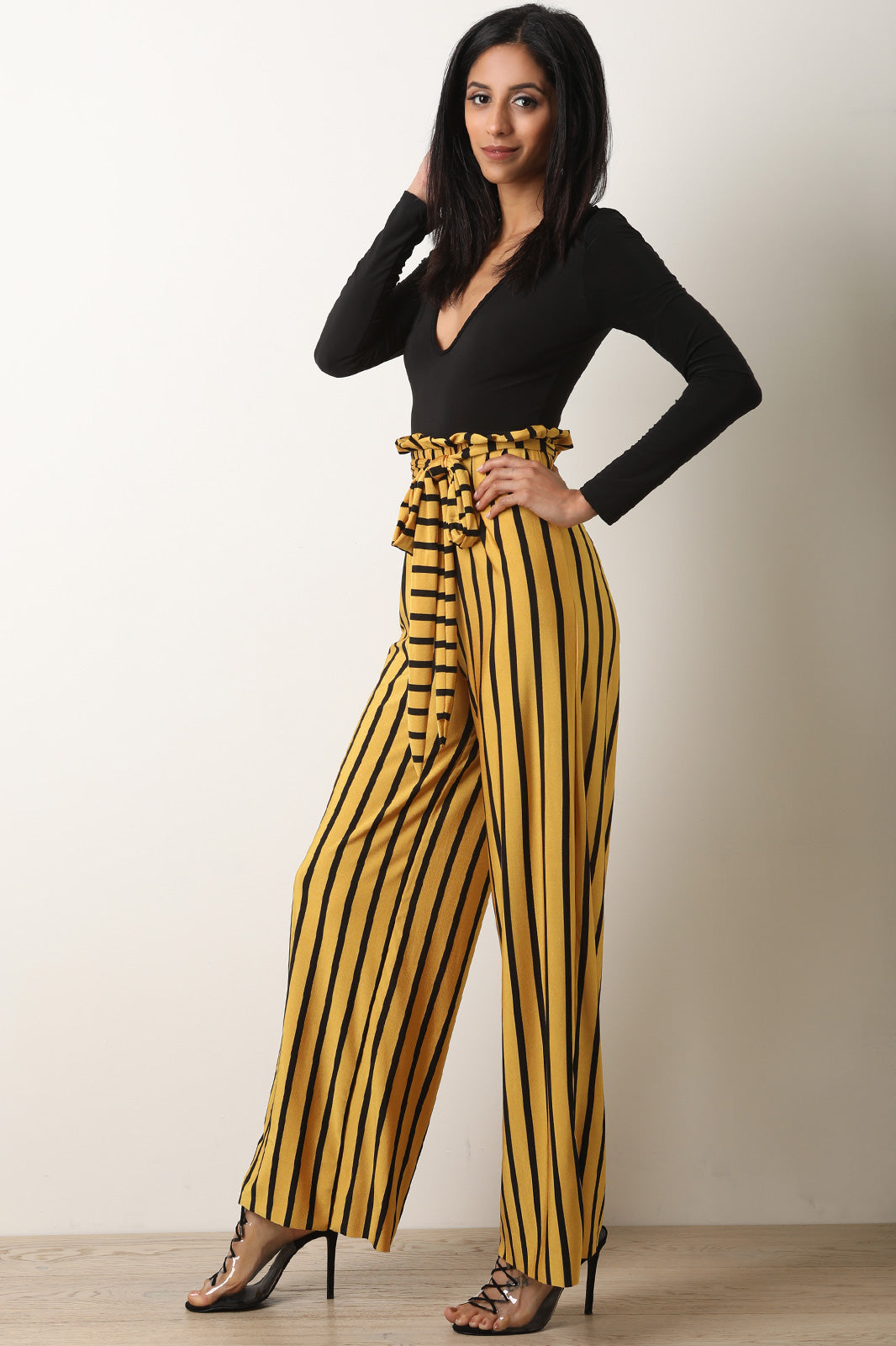 V-Neck Long Sleeve Striped Twofer Palazzo Jumpsuit - YuppyCollections