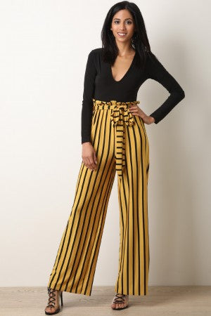 V-Neck Long Sleeve Striped Twofer Palazzo Jumpsuit - YuppyCollections