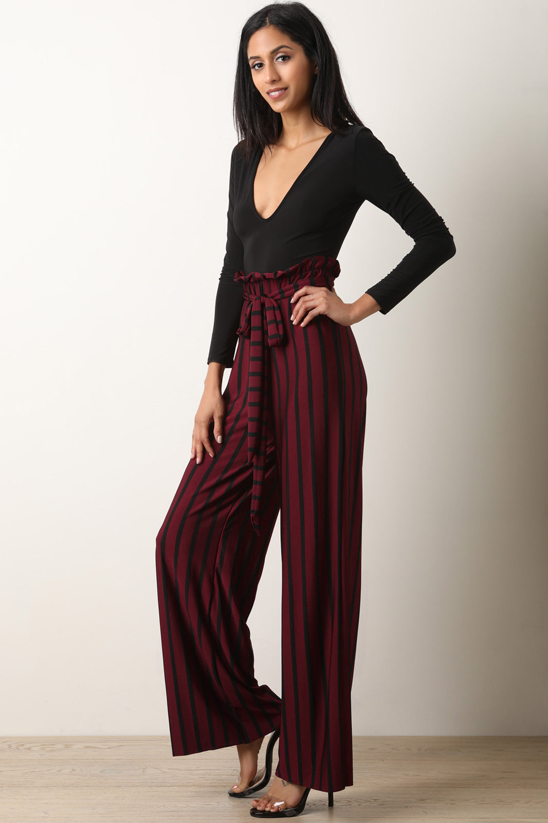 V-Neck Long Sleeve Striped Twofer Palazzo Jumpsuit - YuppyCollections