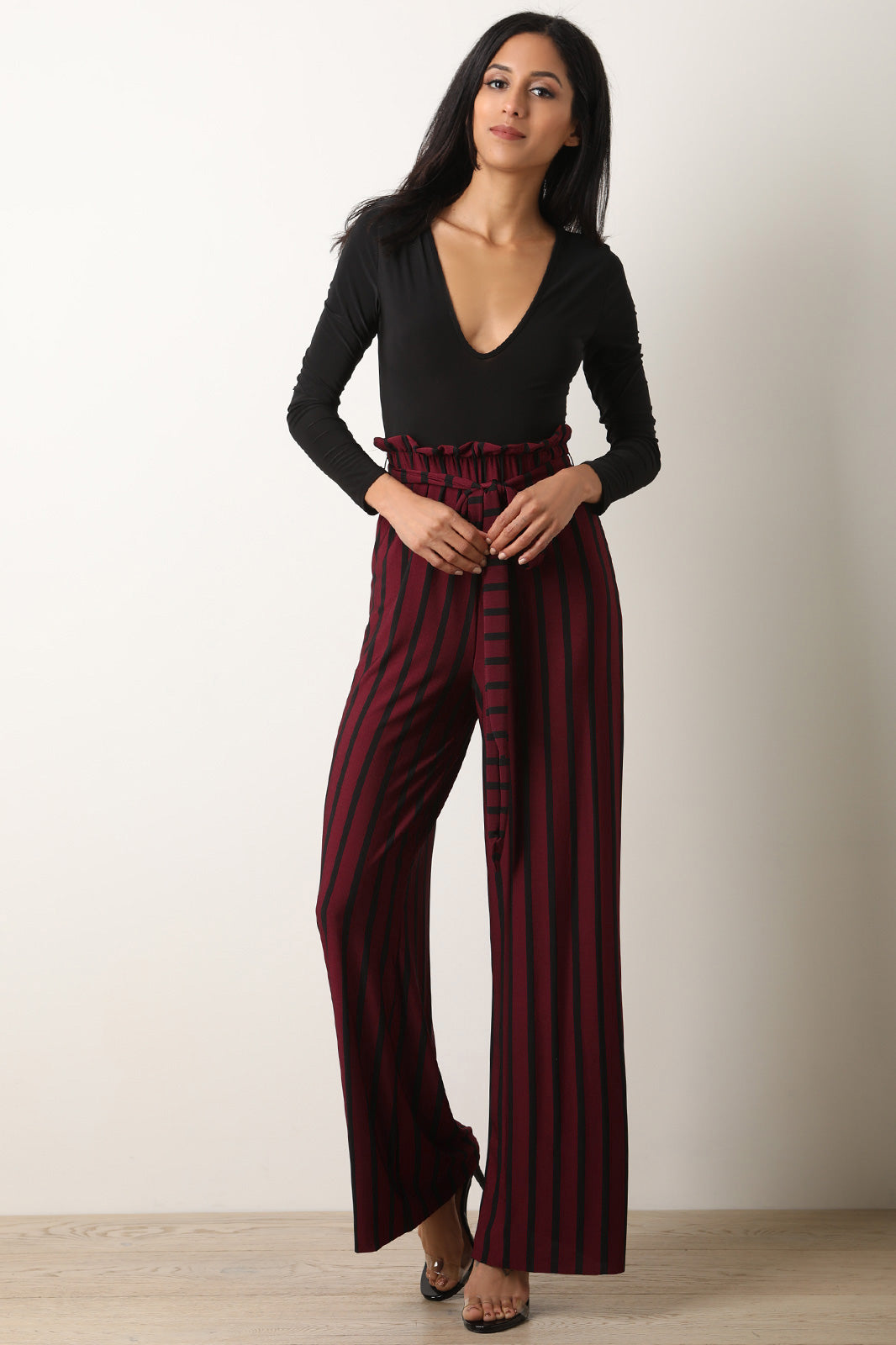 V-Neck Long Sleeve Striped Twofer Palazzo Jumpsuit - YuppyCollections