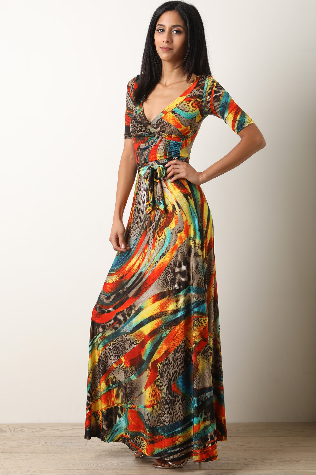 Mixed Print Surplice Waist Sash Maxi Dress - YuppyCollections