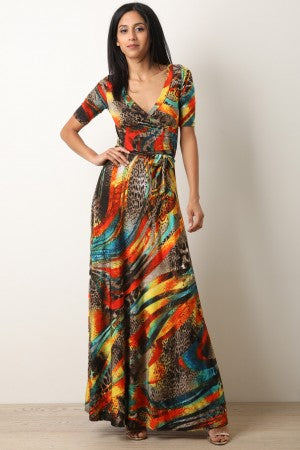 Mixed Print Surplice Waist Sash Maxi Dress - YuppyCollections