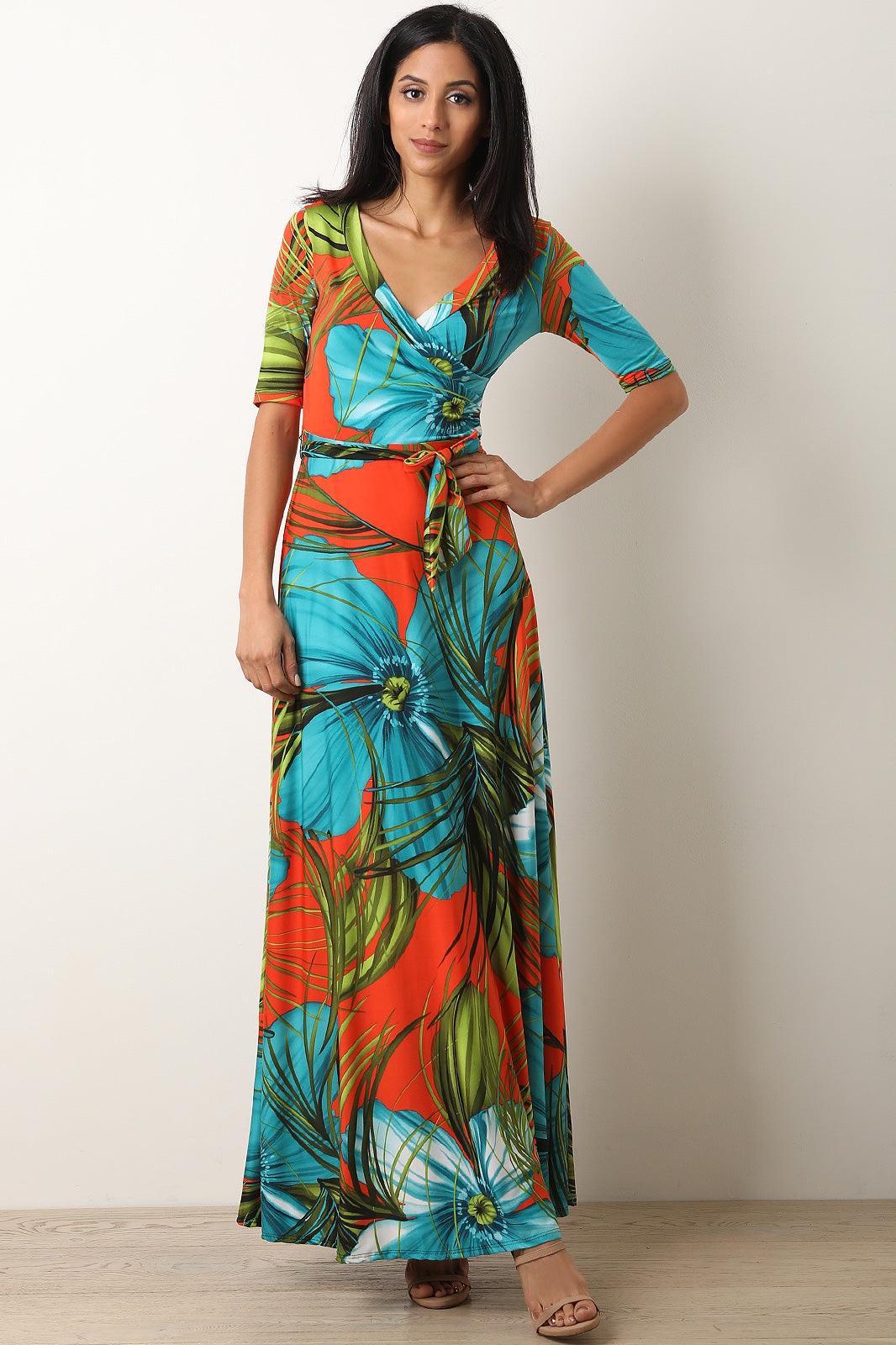 Tropical Floral Print Surplice Waist Sash Maxi Dress - YuppyCollections