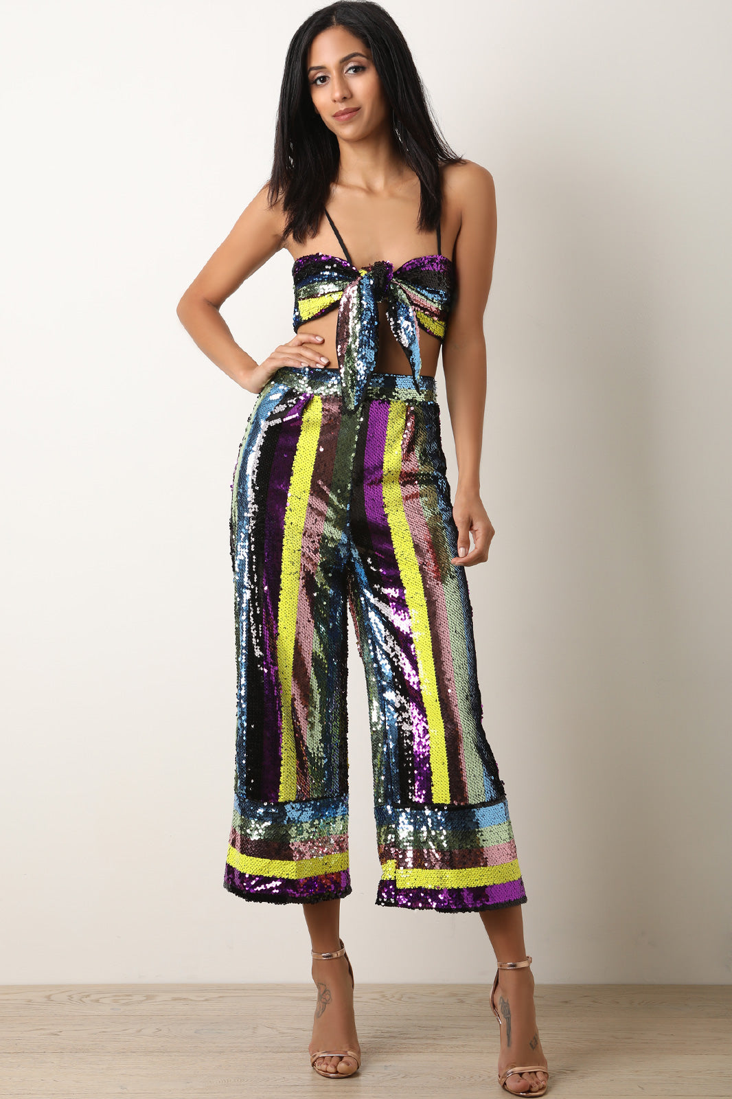 Sequins Knotted Bandeau Top With Palazzo Pants Set - YuppyCollections