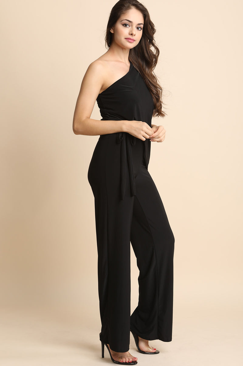 One Shoulder Tie-Waist Wide Leg Jumpsuit - YuppyCollections