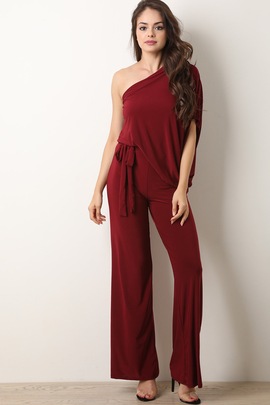 One Shoulder Tie-Waist Wide Leg Jumpsuit - YuppyCollections