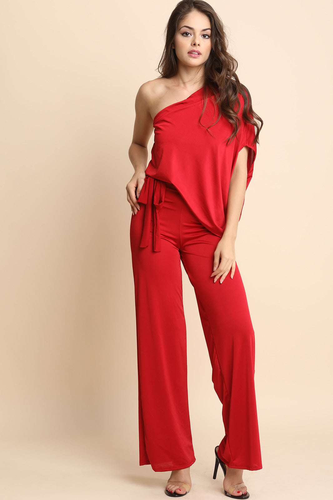 One Shoulder Tie-Waist Wide Leg Jumpsuit - YuppyCollections