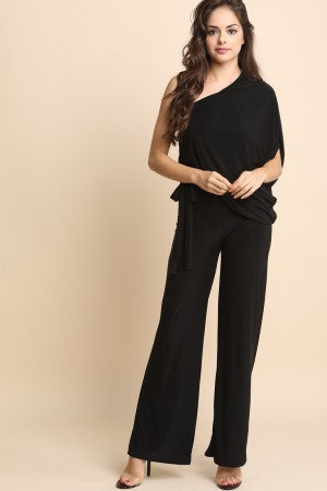 One Shoulder Tie-Waist Wide Leg Jumpsuit - YuppyCollections