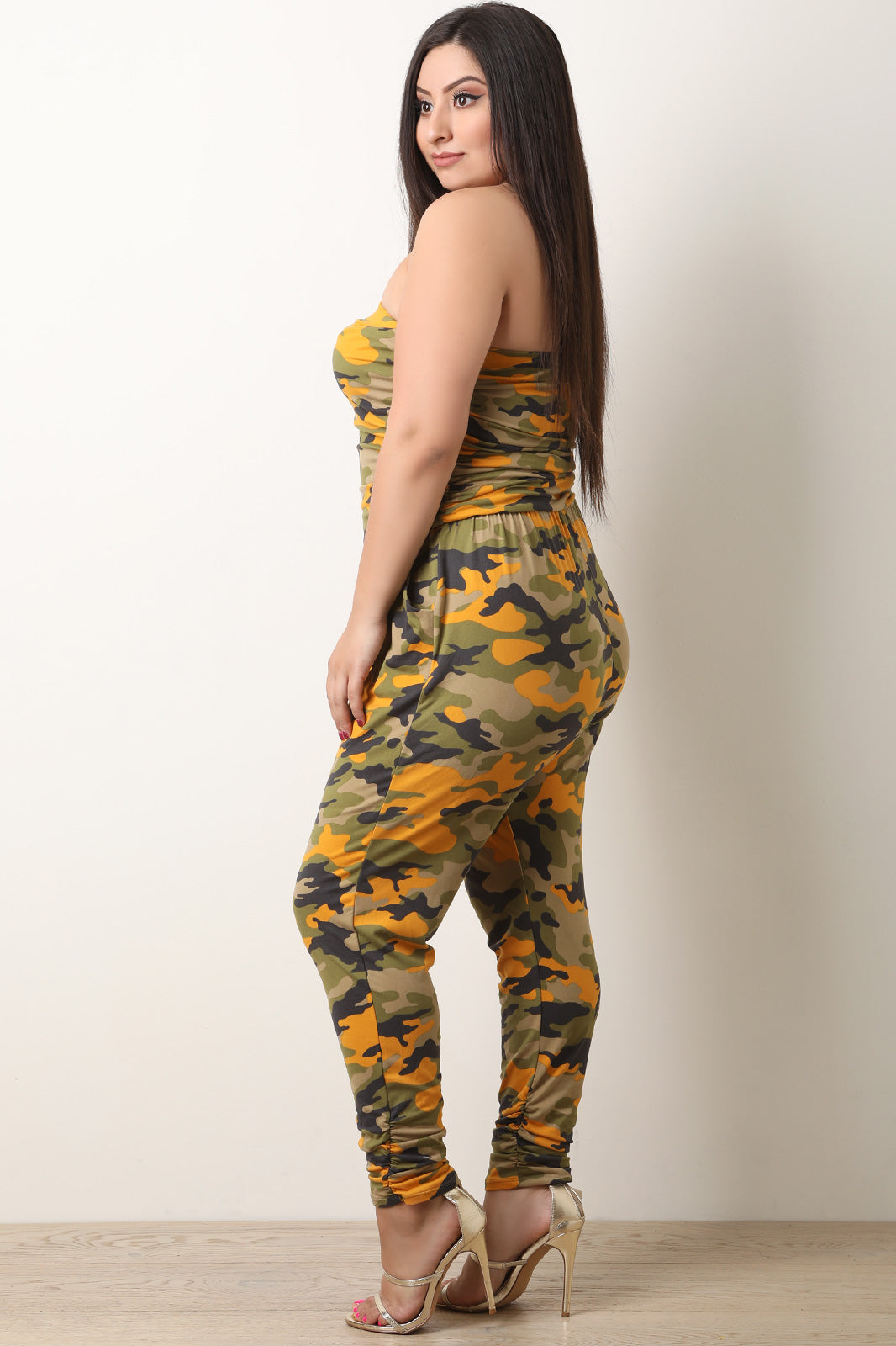 Camouflage Strapless Ruched Jumpsuit - YuppyCollections