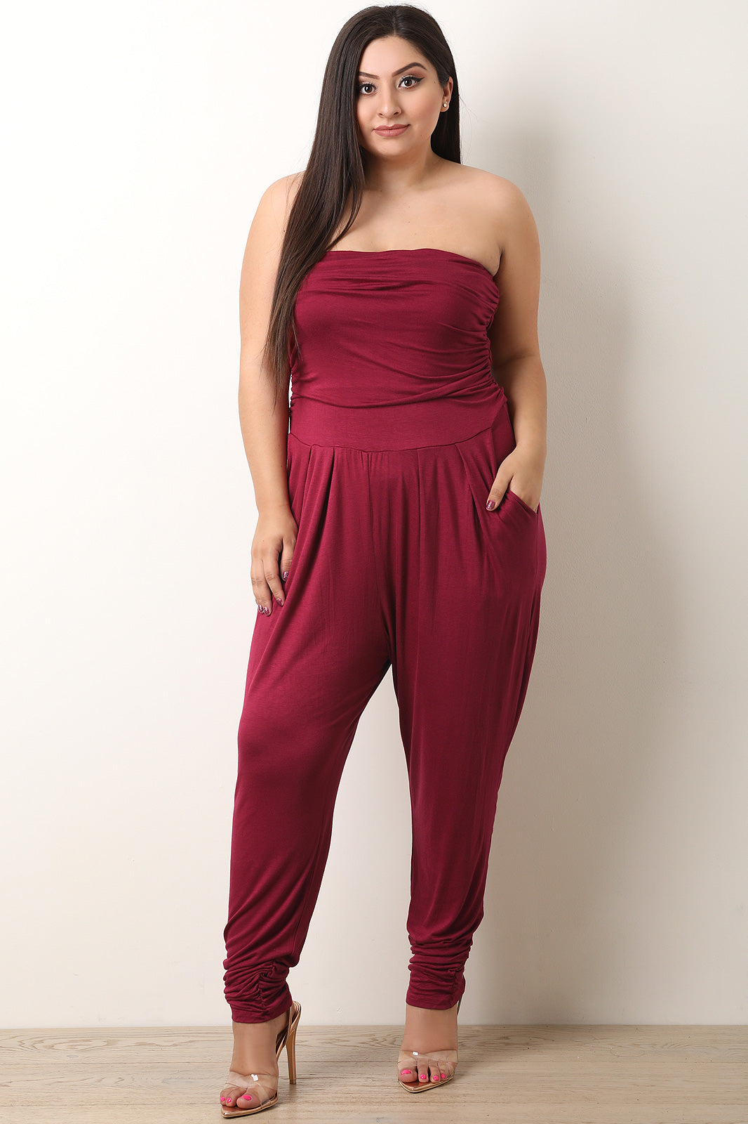 Strapless Ruched Tube Jumpsuit - YuppyCollections