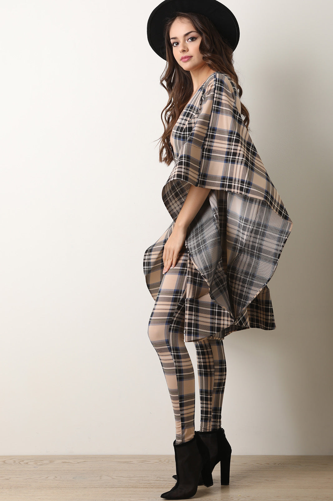 Plaid Print Oversized Bell Statement Sleeves Jumpsuit - YuppyCollections