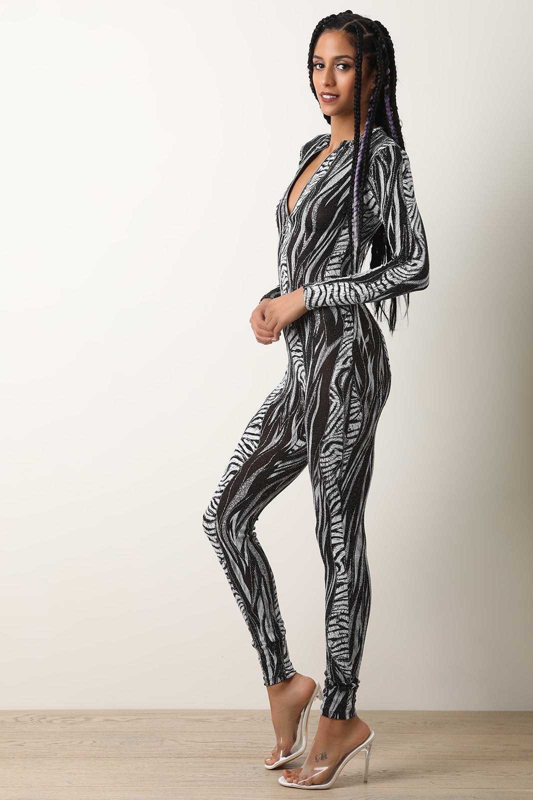 Wild Print Glitter Accent Catsuit Jumpsuit - YuppyCollections