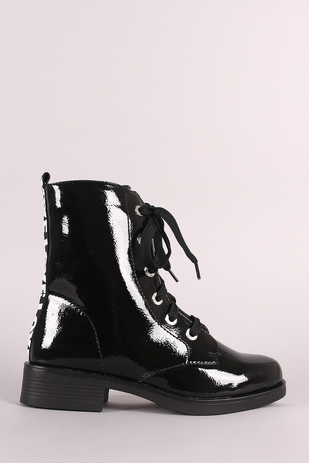 Bamboo Love Detail Lace-Up Combat Patent Ankle Boots - YuppyCollections