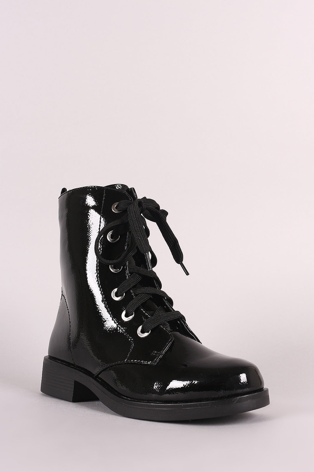 Bamboo Love Detail Lace-Up Combat Patent Ankle Boots - YuppyCollections