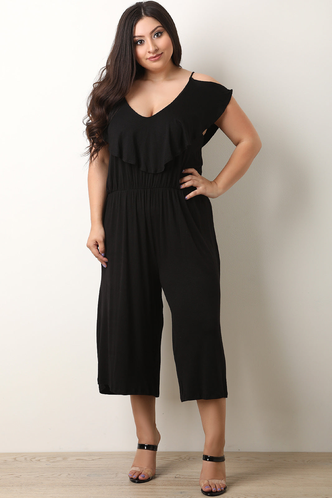 Cold Shoulder Flutter Gaucho Jumpsuit - YuppyCollections