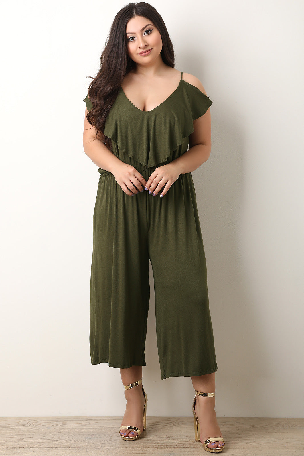 Cold Shoulder Flutter Gaucho Jumpsuit - YuppyCollections