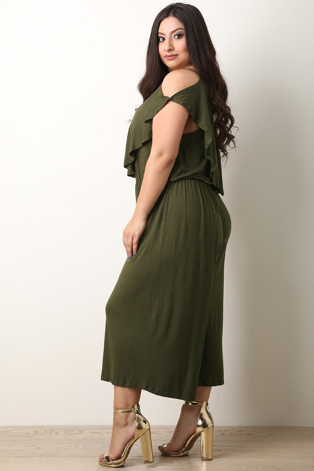 Cold Shoulder Flutter Gaucho Jumpsuit - YuppyCollections