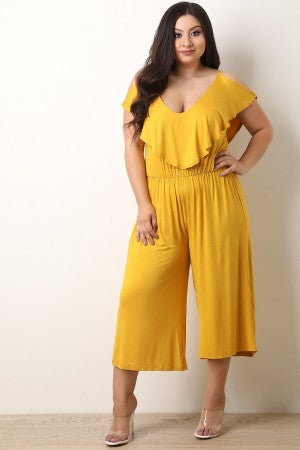 Cold Shoulder Flutter Gaucho Jumpsuit - YuppyCollections