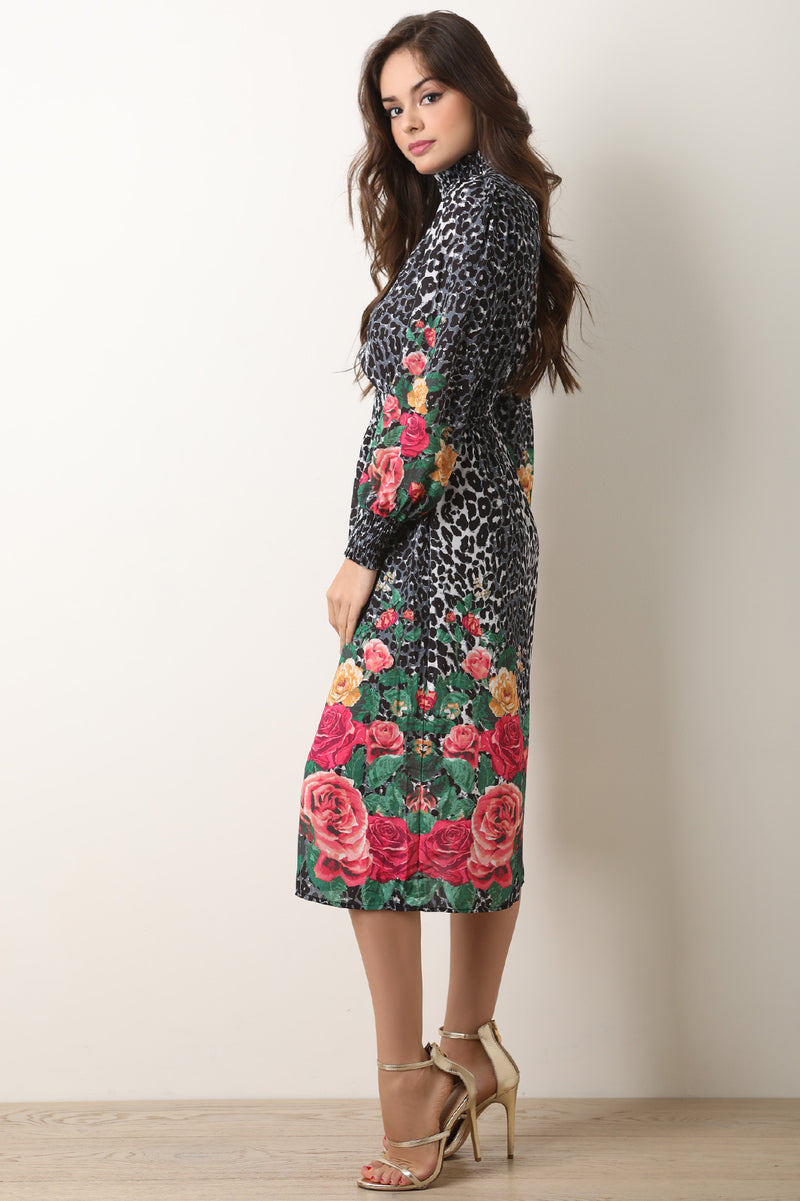 Floral Cheetah Print Smocked Midi Dress - YuppyCollections