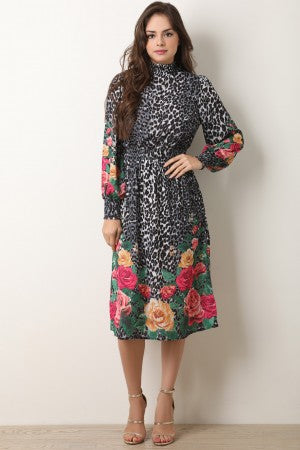 Floral Cheetah Print Smocked Midi Dress - YuppyCollections