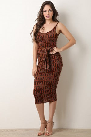 Maze Print Waist Sash Midi Dress - YuppyCollections