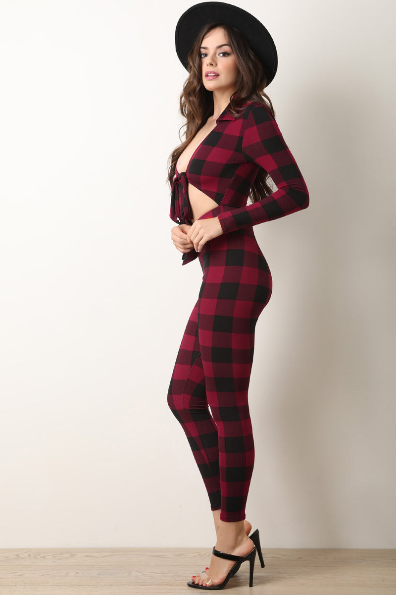 Plaid Front Tie Open Midriff Fitted Jumpsuit - YuppyCollections