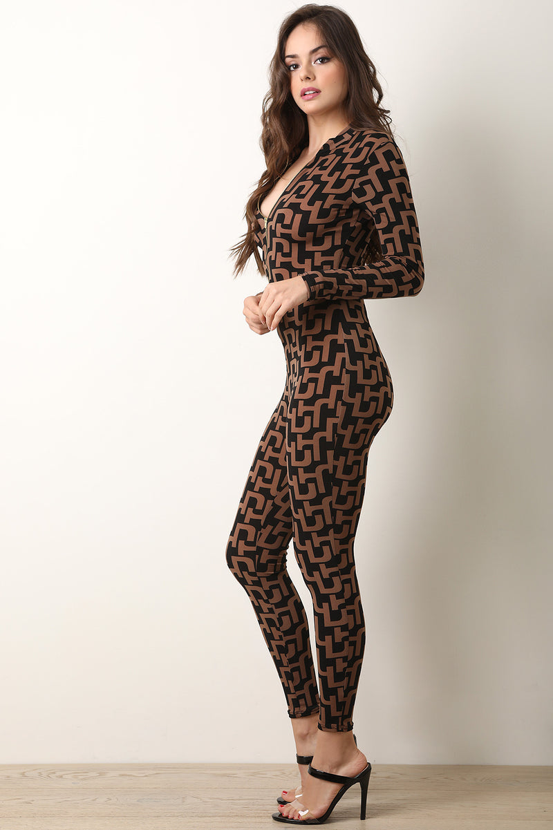 Designer Print Half-Zip Catsuit Jumpsuit - YuppyCollections