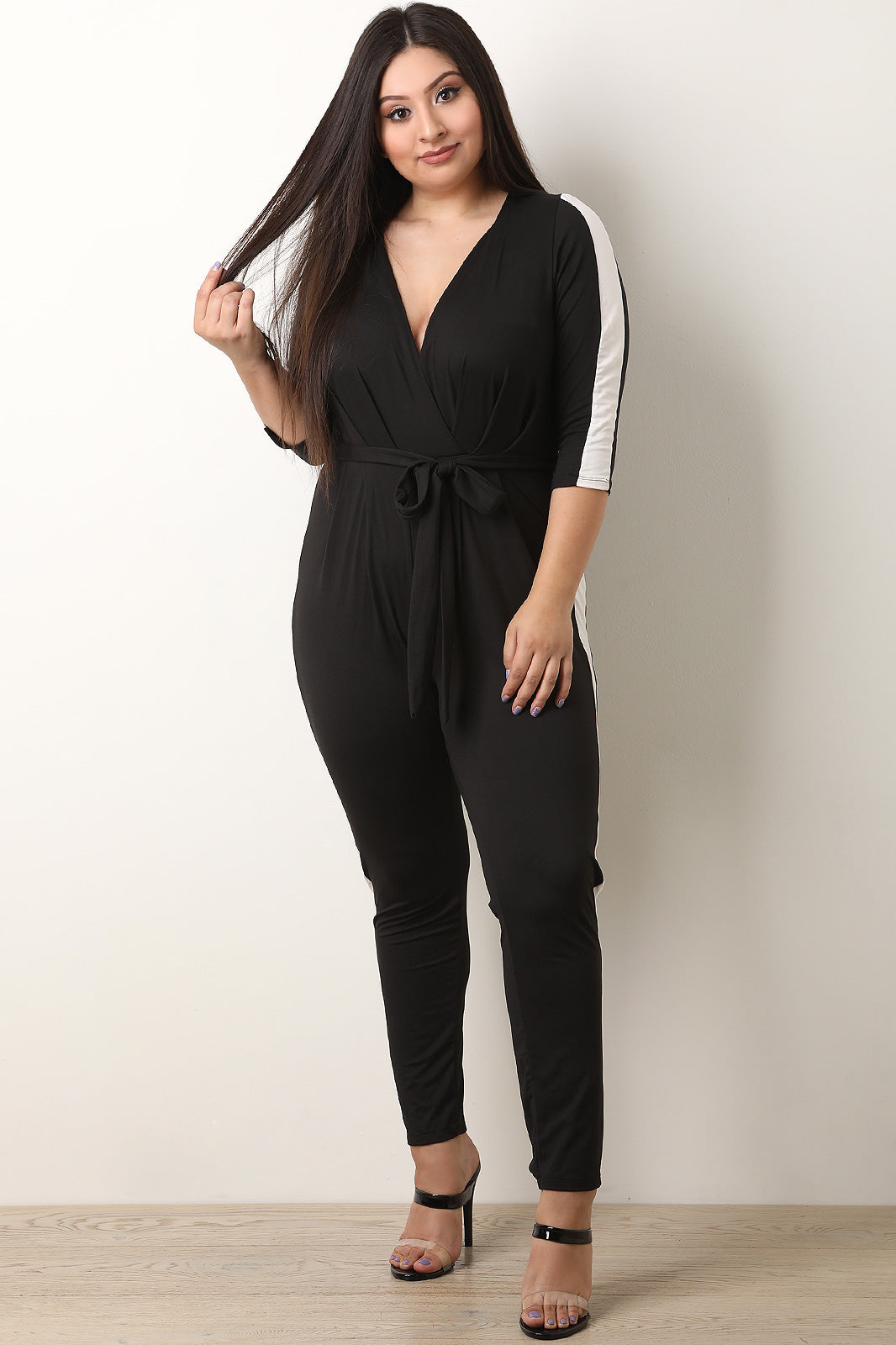 Side Striped Surplice Jumpsuit - YuppyCollections