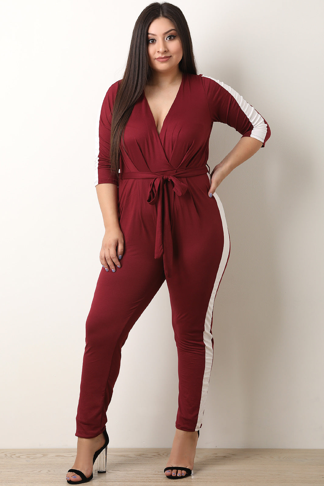 Side Striped Surplice Jumpsuit - YuppyCollections