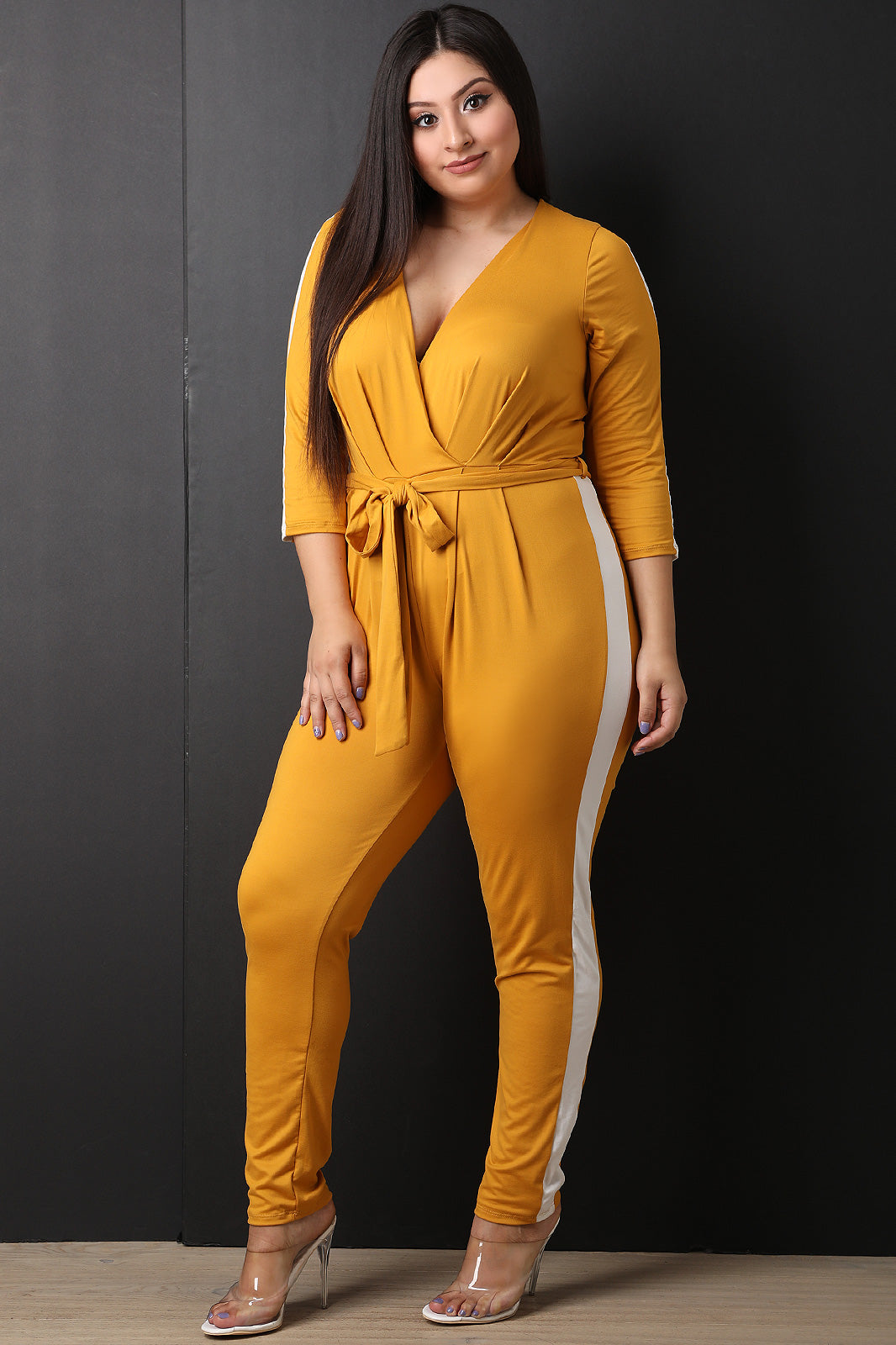 Side Striped Surplice Jumpsuit - YuppyCollections