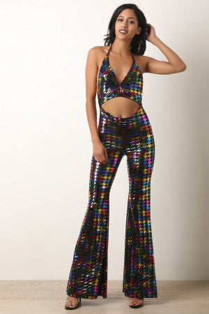 Metallic Houndstooth Backless Halter Flare Jumpsuit - YuppyCollections