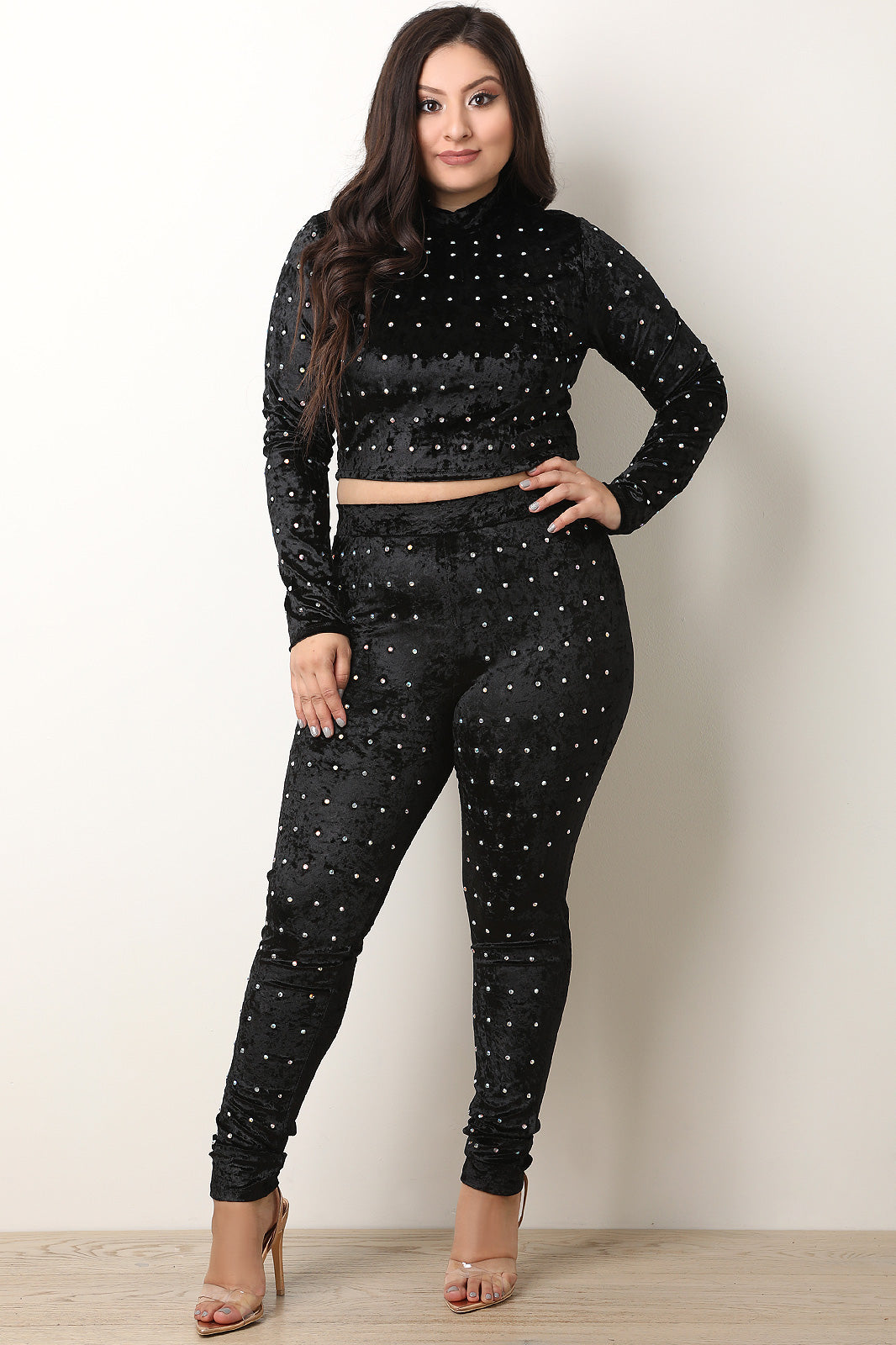 Rhinestone Studded Crush Velvet Crop Top And Leggings Set - YuppyCollections