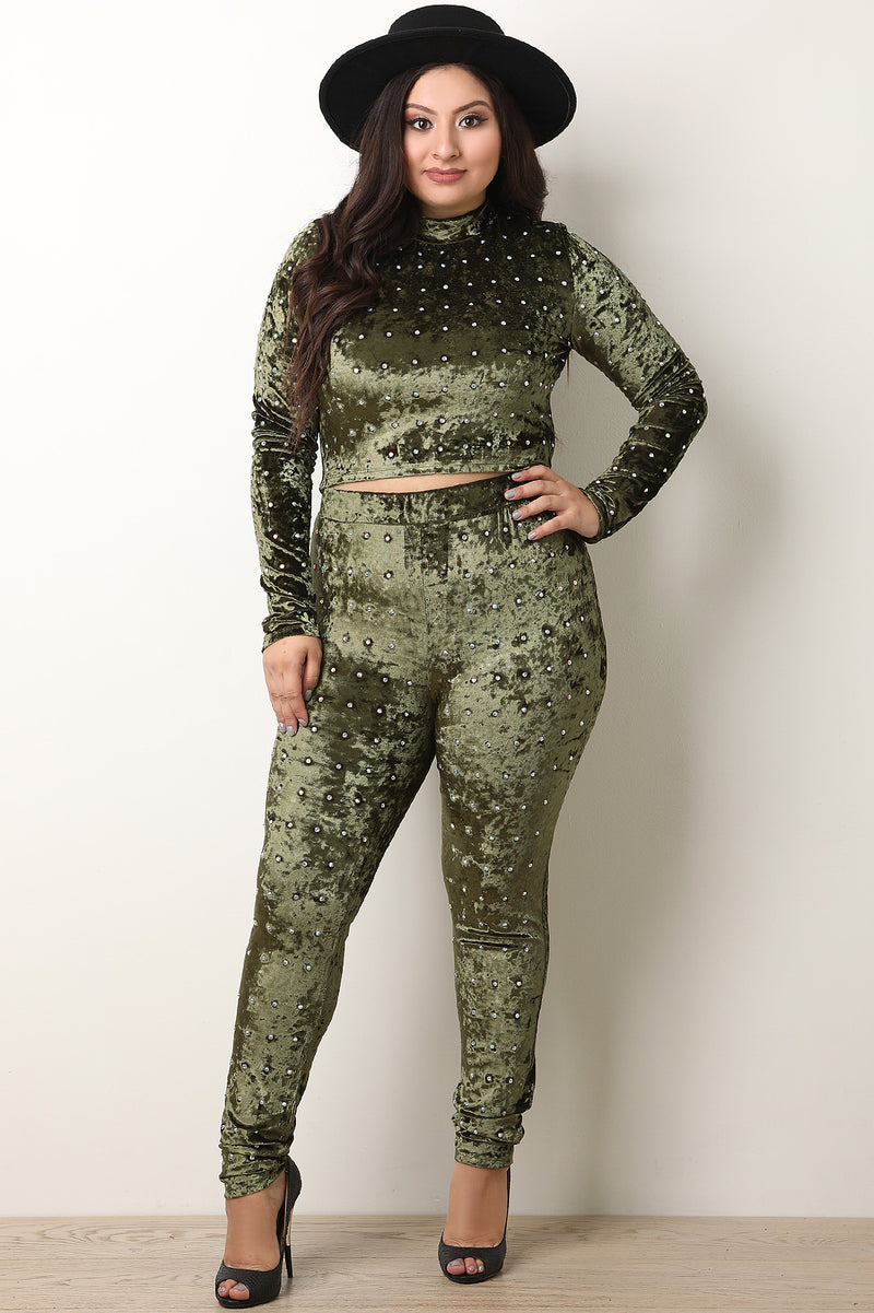 Rhinestone Studded Crush Velvet Crop Top And Leggings Set - YuppyCollections