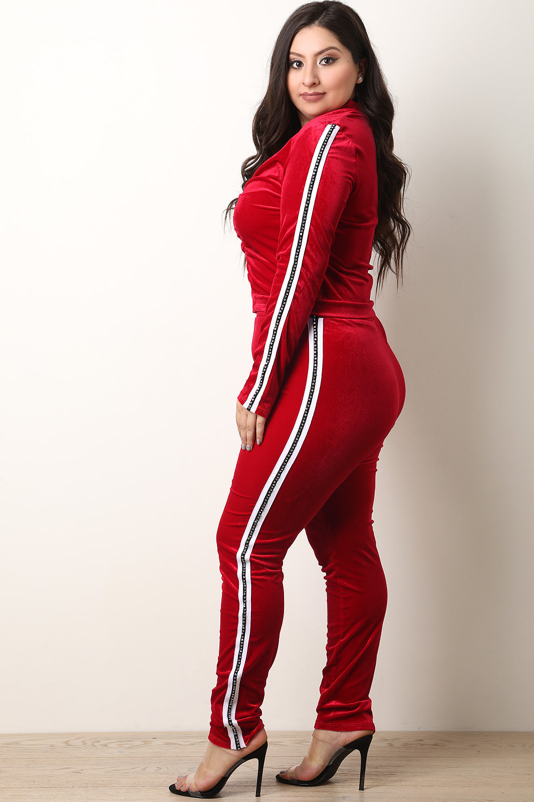 Rhinestone Striped Side Velour Tracksuit Set - YuppyCollections